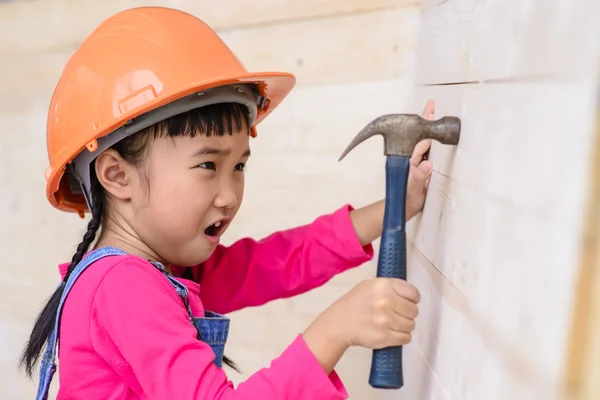 Kid Engineer Carpenter Work Hammer Wood — Stock Photo, Image