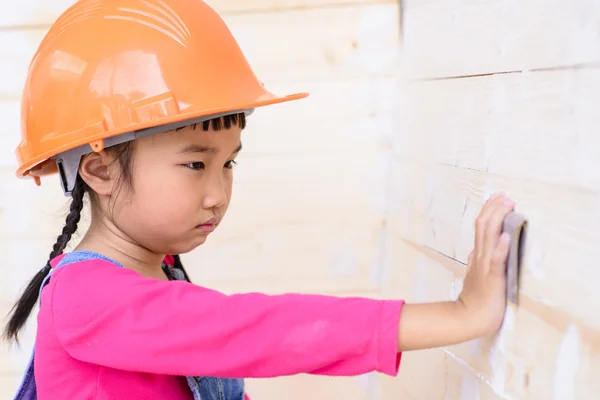 Little Girl Carpenter Job Tried Mood Sanding Wood — Stock Photo, Image