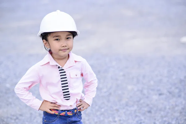 Little Civil Engineer Girl Portrait White Helmet — Stock Photo, Image