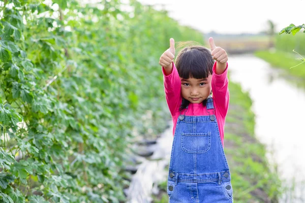 Niña Trabajo Jardinero Con Pulgar Hacia Arriba Fila Plantaciones — Foto de Stock