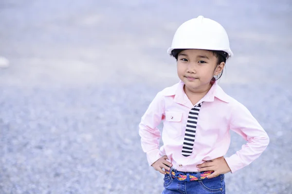 Little Civil Engineer Girl Portrait White Helmet — Stock Photo, Image