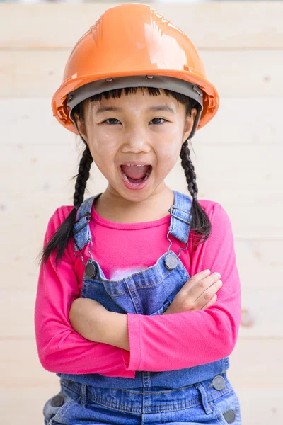 Kid Portrait Put Orange Helmet Smile Pose — Stock Photo, Image