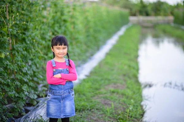 Niña Trabajo Jardinero Sonriendo Fila Plantación — Foto de Stock