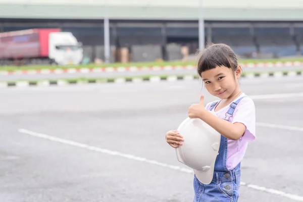 Little Girl White Helmet Warehouse Center Background Transportation Work Thumb — Stock Photo, Image