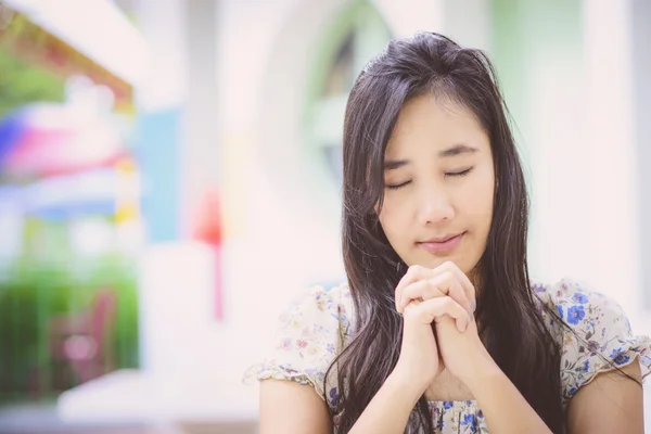 Beautiful Asian Woman Praying Blur Background Vintage Tone — Stock Photo, Image