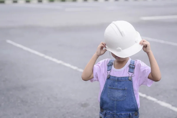 Little Girl White Helmet Warehouse Center Background Transportion Work Car — Stock Photo, Image