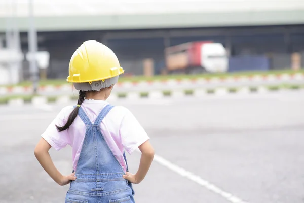 Little Asian Girl Inspecting Logistic Work Working Warehouse Orange Safety — Stock Photo, Image