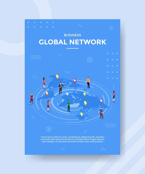 Business Global Network People Standing Map World Template Banner Flyer — Vector de stock