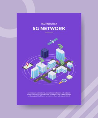 teknoloji 5G ağ uydusu şehir inşa sunucusu şablon için pankart, broşür, kitap kapağı, sıvı şekil tarzı vektör tasarımı içeren dergiler
