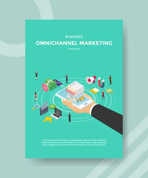 Üzleti Omni Chanel Marketing Kéz Tartsa Okostelefon Tárolja Képernyőn Körül — Stock Vector