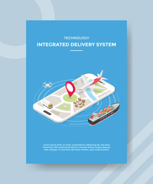 technology integrated delivery system truck plane pointer location box package on smartphone for template flyer and print banner cover isometric 3d flat style vector