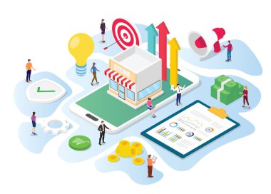 Çevrimiçi mağaza tanıtım konsepti ekibi, modern izometrik 3d biçim illüstrasyonunu desteklemek için veri ve pazarlama araçları üzerinde çalışan insanları çalıştırır