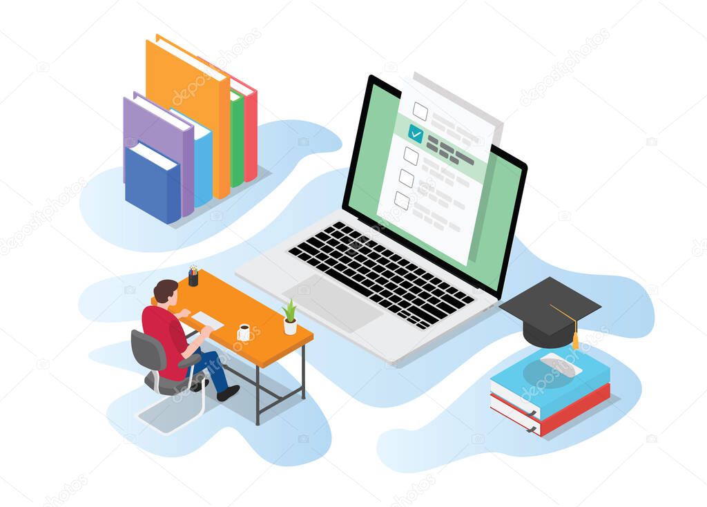 online or live test exam with people study on computer on the desk table with modern isometric style vector illustration