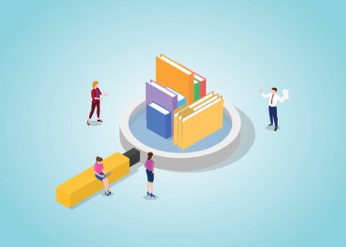 Modern izometrik biçim vektör illüstrasyonuna sahip bazı kitaplar ve dizin bilgisi kavramına sahip gerçek bilgi