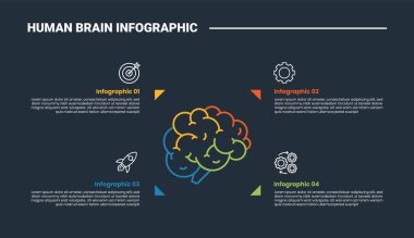 İnsan beyni anatomisi bilgi işleme diyagramı, merkezde küçük ok işaretçisi olan, arka planda koyu renk, parlak, 4 nokta vektörü olan küçük bir beyin.