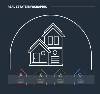 Büyük yuvarlak konteynır ve ok simgesi konteyner bilgisine sahip ev dizisi ve koyu arkaplan parlak ana hatlı 4 nokta vektörü ile emlak özellikleri bilgi işleme diyagramı