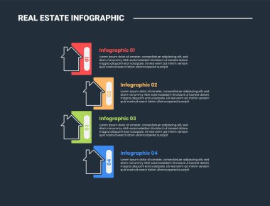 Emlak özellikleri bilgi işleme diyagramı ev simgesi kare ile dengesizlik listesi ile koyu arkaplan parlak ana hat biçim 4 nokta vektörü