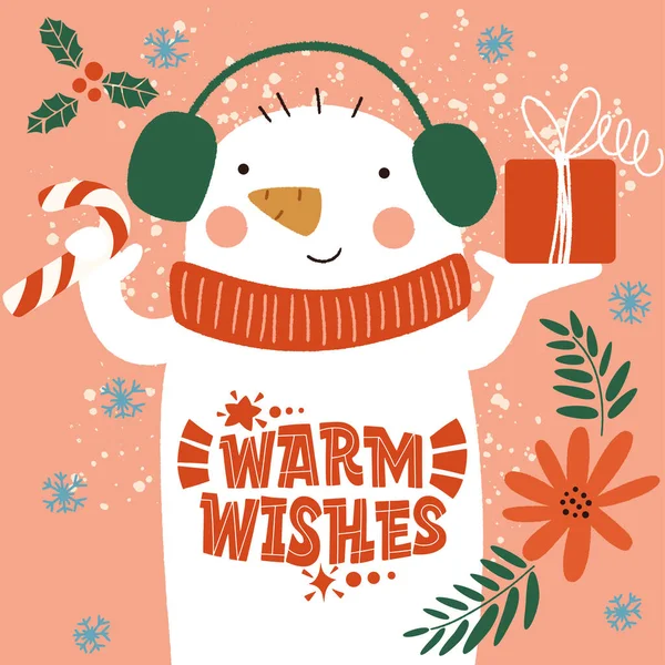 Dorinţe calde. Omul de zăpadă cu un dar şi o inscripţie pe stomac. Mare litere pentru felicitări, autocolante, bannere, imprimeuri și decoruri interioare acasă. Felicitări de Crăciun. Anul Nou fericit 2021 . — Vector de stoc