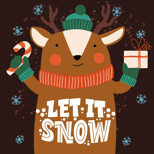 Lasă zăpada. Căprioară într-o pălărie și eșarfă cu un cadou în mână. Mare litere pentru felicitări, autocolante, bannere, imprimeuri și decoruri interioare acasă. Felicitări de Crăciun. Crăciun fericit și Anul Nou fericit 2021 . — Vector de stoc