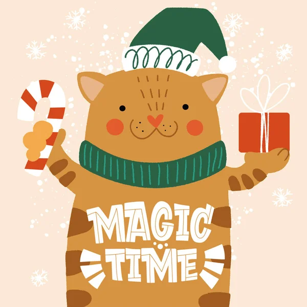 Μαγικός χρόνος. Γάτα στο καπέλο και φουλάρι με ένα δώρο στο χέρι. Μεγάλη επιστολόχαρτα για ευχετήριες κάρτες, αυτοκόλλητα, πανό, εκτυπώσεις και διακόσμηση εσωτερικών χώρων. Χριστουγεννιάτικη κάρτα. Καλά Χριστούγεννα και Ευτυχισμένο το νέο έτος 2021. — Διανυσματικό Αρχείο