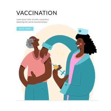 COVID-19 virüsüne karşı aşı. Önleme enjeksiyonu, aşılama. Coronavirus enfeksiyonu tedavisi. Yaşlı bir adam siyah bir hemşire tarafından aşılandı..