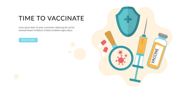 Dags att vaccinera. Förebyggande injektion, immunisering. Behandling av Coronavirusinfektion. Mall för landningssida. Modernt platt koncept för webbdesign. — Stock vektor