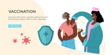 İnsanların bağışıklık sistemi için aşı konsepti. Coronavirus enfeksiyonu tedavisi. İniş sayfası şablonu. Web tasarımı için düz konsept. Doktor bir adama grip aşısı enjekte ediyor..