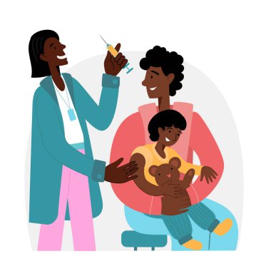  Önleme enjeksiyonu, bağışıklık aşısı. Bağışıklık sistemi için aile aşısı. Siyahi doktor çocuk doktoru hastanede bir bebeğe grip aşısı yapıyor. Aşılama.