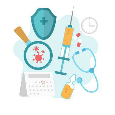 Grip, kızamık, difteri ya da kuduz aşısı. Aşı takvimi, doktorlar, şişe ve virüslü şırınga. Aşılama.