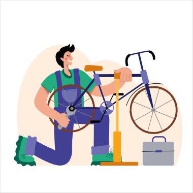 Bisiklet tamiri. Bir adam bir bisikleti tamir eder. Tamirci bisikleti tamir eder, tamirci tekerlekleri şişirir. Web grafikleri, afişler, reklamlar, iş şablonları.
