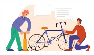 İnsanlar bir bisikleti tamir ediyorlar. Bisiklet tamiri. Tamirci bisikleti tamir eder, tamirci tekerlekleri şişirir. Web grafikleri, afişler, reklamlar, iş şablonları.