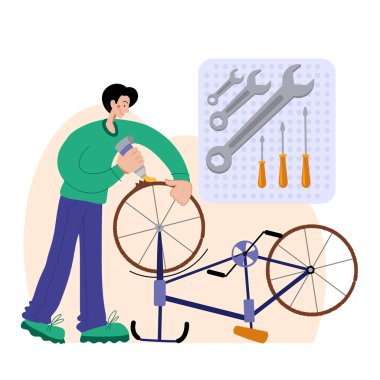 Bisiklet tamiri. Bir adam bir bisikleti tamir eder. Tamirci bisikleti tamir eder, tamirci tekerlekleri şişirir. Web grafikleri, afişler, reklamlar, iş şablonları.