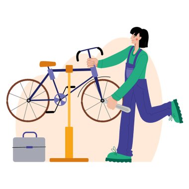 Bisiklet tamiri. Bir kadın bir bisikleti tamir eder. Web grafikleri, afişler, reklamlar, iş şablonları