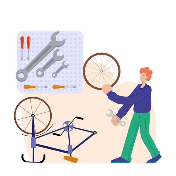 Repararea bicicletelor. Un bărbat repară o bicicletă. Mecanicul repară bicicleta, mecanicul umflă roțile. Grafica web, bannere, reclame, șabloane de afaceri . — Vector de stoc
