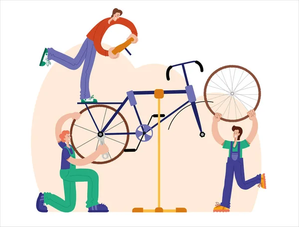 Repararea bicicletelor. Mecanicul repară bicicleta, mecanicul umflă roțile. Grafica web, bannere, reclame, șabloane de afaceri . — Vector de stoc