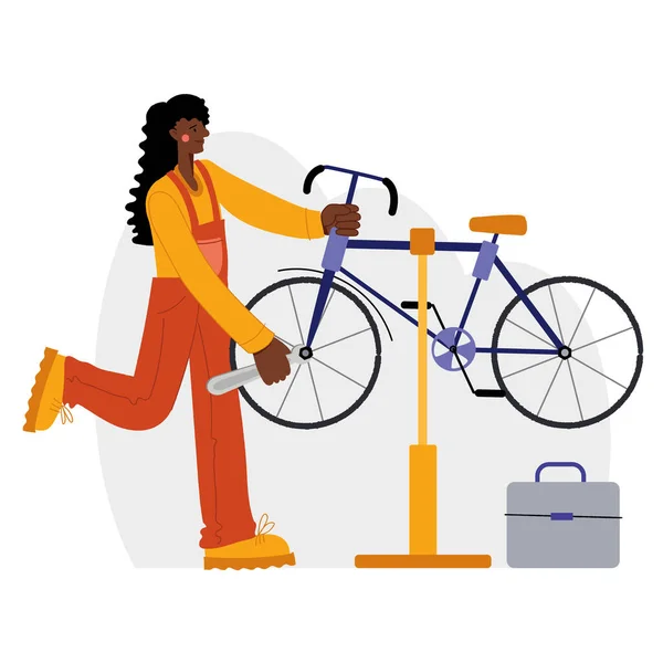 Reparación de bicicletas. Una mujer negra arregla una bicicleta. Gráficos web, banners, anuncios, plantillas de negocio. Ilustraciones de stock libres de derechos