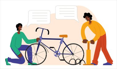 İnsanlar bir bisikleti tamir ediyorlar. Bisiklet tamiri. Tamirci bisikleti tamir eder, tamirci tekerlekleri şişirir. Web grafikleri, afişler, reklamlar, iş şablonları.