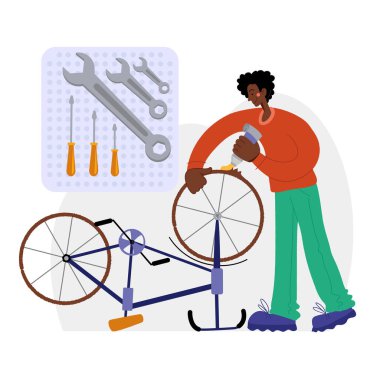 Bisiklet tamiri. Siyah bir adam bir bisikleti tamir eder. Tamirci bisikleti tamir eder, tamirci tekerlekleri şişirir. Web grafikleri, afişler, reklamlar, iş şablonları. 