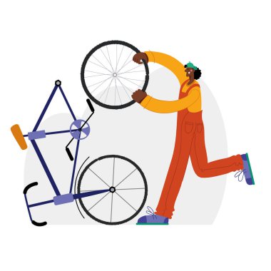 Bisiklet tamiri. Siyah bir adam bir bisikleti tamir eder. Tamirci bisikleti tamir eder, tamirci tekerlekleri şişirir. Web grafikleri, afişler, reklamlar, iş şablonları. 