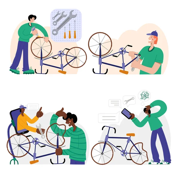 Repararea bicicletelor. Grafica web, bannere, reclame, șabloane de afaceri . — Vector de stoc