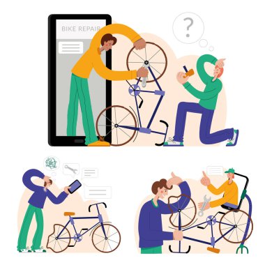 Çevrimiçi bisiklet tamiri. Tamirci bisikleti tamir eder, tamirci tekerlekleri şişirir. Web grafikleri, afişler, reklamlar, iş şablonları.