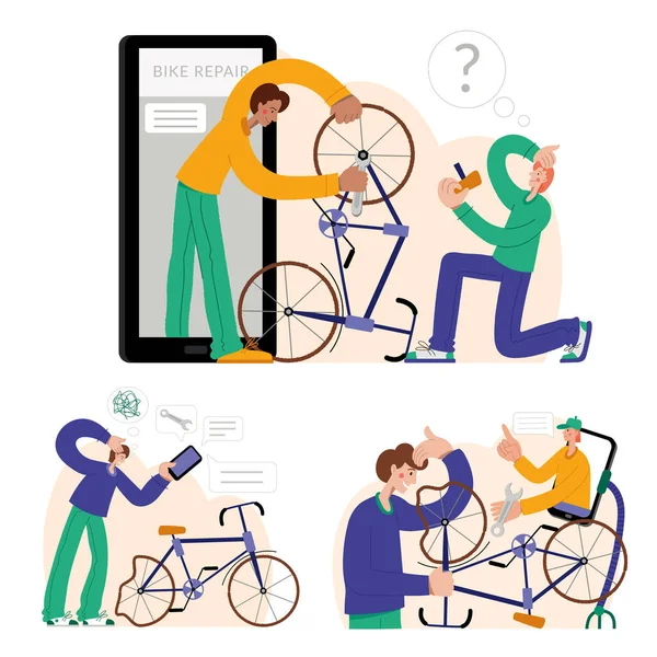 Perbaikan sepeda online. Mekanik memperbaiki sepeda, montir mengembang roda. Grafis web, spanduk, iklan, templat bisnis. Stok Ilustrasi 