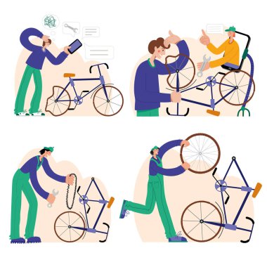 Bisiklet tamiri. Tamirci bisikleti tamir eder, tamirci tekerlekleri şişirir. Web grafikleri, afişler, reklamlar, iş şablonları.