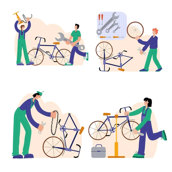 Repararea bicicletelor. Mecanicul repară bicicleta, mecanicul umflă roțile. Grafica web, bannere, reclame, șabloane de afaceri . Vectori de stoc fără drepturi de autor