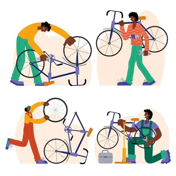 Cykel reparation. Mekanikeren reparerer cyklen, mekanikeren puster hjulene op. Webgrafik, bannere, reklamer, forretningsskabeloner. Stock-illustration