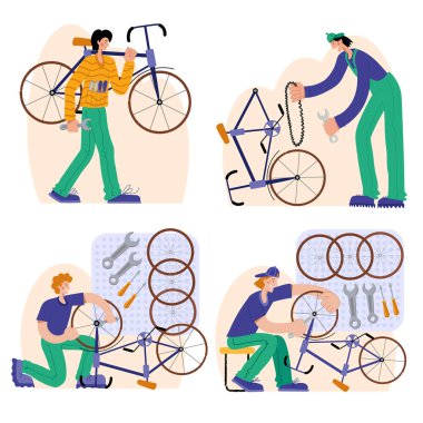 Bisiklet tamiri. Tamirci bisikleti tamir eder, tamirci tekerlekleri şişirir. Web grafikleri, afişler, reklamlar, iş şablonları.