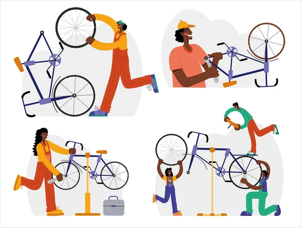 Perbaikan sepeda. Mekanik memperbaiki sepeda, montir mengembang roda. Grafis web, spanduk, iklan, templat bisnis. Stok Vektor Bebas Royalti
