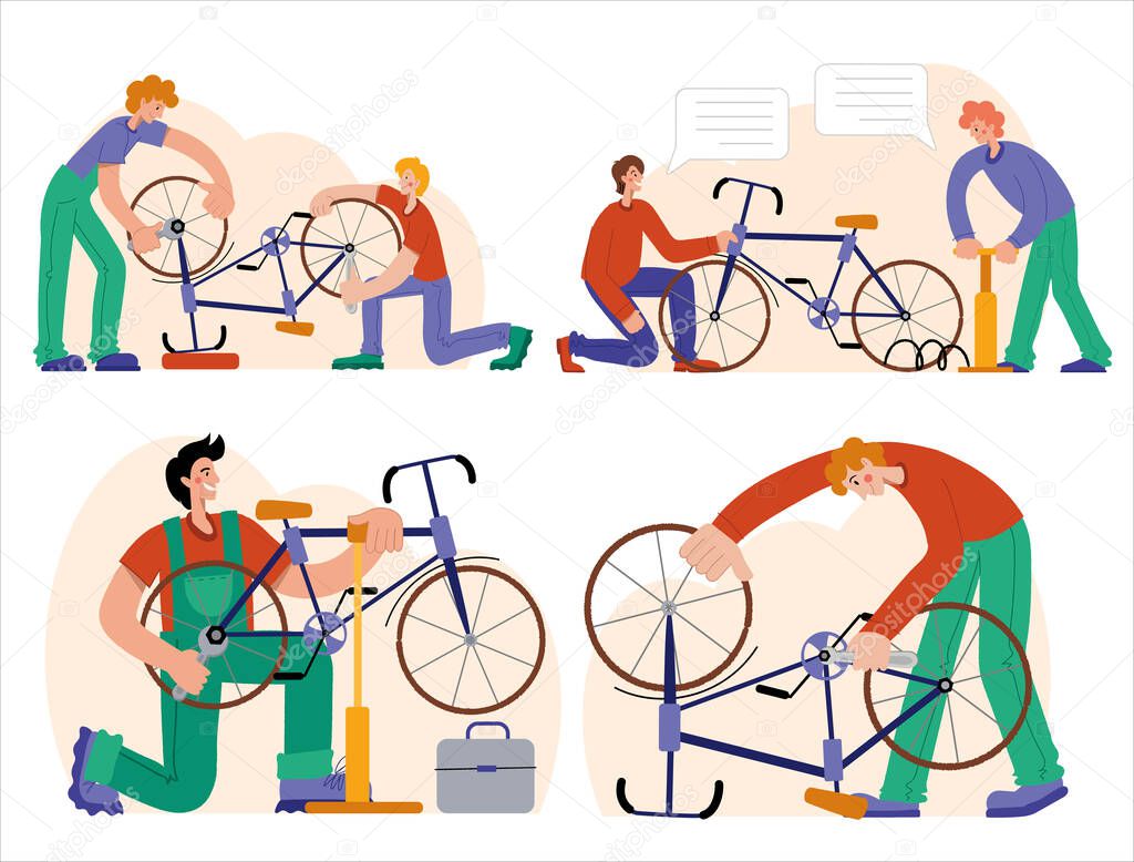 Bicycle repair. The mechanic repairs the bicycle, the mechanic inflates the wheels. Web graphics, banners, advertisements, business templates.