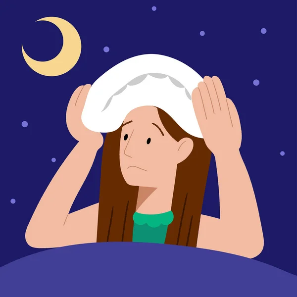 Insomnio. La mujer no puede dormir. El personaje femenino sufre de insomnio. Trastorno del sueño, concepto de insomnio. — Vector de stock