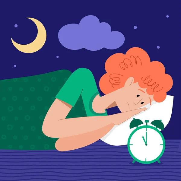 Αϋπνία. Η γυναίκα δεν μπορεί να κοιμηθεί. Ο γυναικείος χαρακτήρας πάσχει από αϋπνία. Διαταραχή ύπνου, έννοια αϋπνίας. — Διανυσματικό Αρχείο